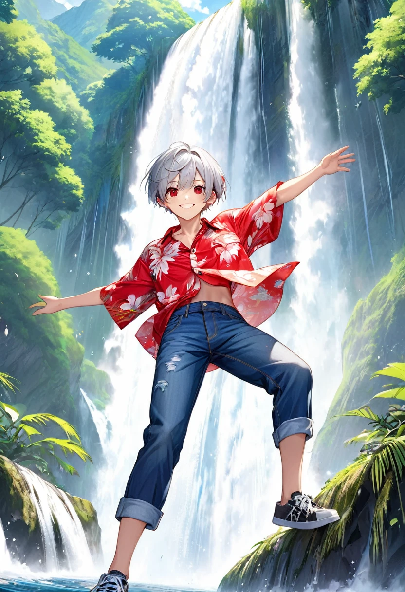 (low angle style), (relax pose), (solo:2, 15 yo), (detailed cool crew cut silver hair very short hair) (best cool tough boy) (beautiful cool red eyes) (soft smile), in a summer Aloha Shirt, Denim Jeans Pants, break, in the Hiji Falls, background immensely beautiful biggest A vast waterfall, BREAK, 16K, masterpiece, best quality, beautiful detailed waterfall.