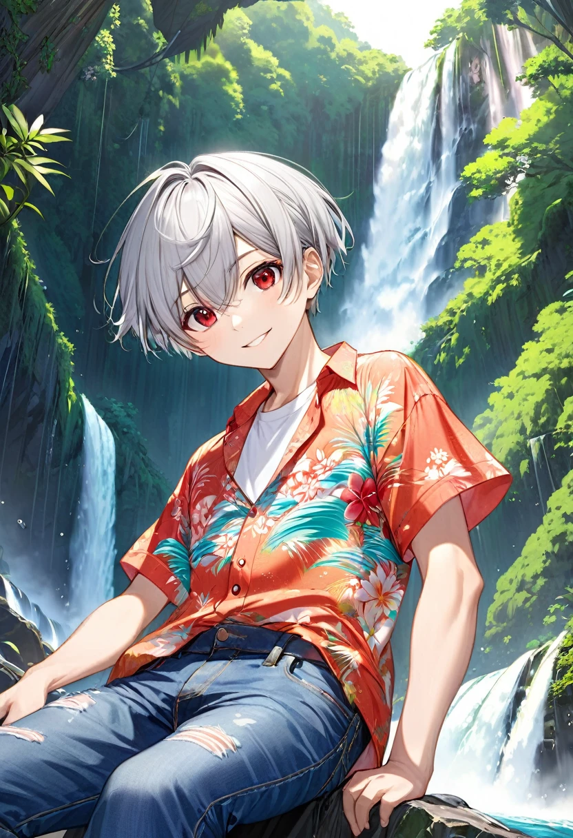 (low angle style), (relax pose), (solo:2,  yo), (detailed cool crew cut silver hair very short hair) (best cool tough boy) (beautiful cool red eyes) (soft smile), in a summer Aloha Shirt, Denim Jeans Pants, break, in the Hiji Falls, background immensely beautiful biggest A vast waterfall, BREAK, 16K, masterpiece, best quality, beautiful detailed waterfall.