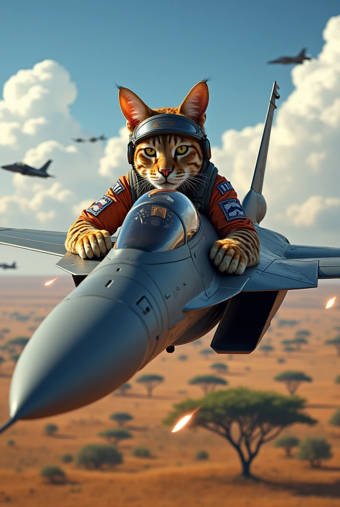 Savannah cat wearing a pilot suit and helmet and driving an F15 plane, fighting enemies, firing a real machine gun, high-resolution details, full picture as real reality from the plane's immersion, full picture from afar