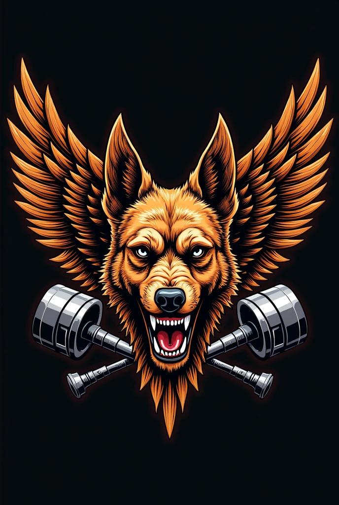 vest badge for a motorcycle club whose mascot is a caramel-colored mongrel dog with a scar over its eye, with ears pricked up and wide open, with a very angry face, In the coat of arms, the dog only has his face right in the middle, with wings that go up to half the height of his ears and that come out behind him at the line of his eyes and two crossed pistons at the bottom of the coat of arms.