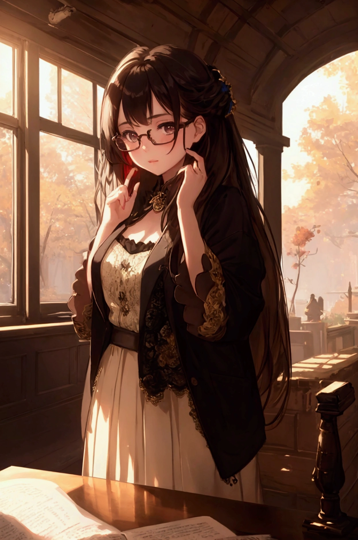 (best quality, masterpiece), 1 Girl, Dappled sunlight, indoors, Glasses, Shy, 1 girl, Young Girls, (Goosebumps:0.7), Pretty Face, (Eyeliner, Lipstick:0.9), 4K, 8K, Ultra HD, HDR, detailed background, background