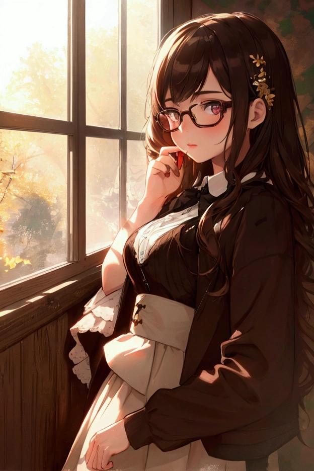 (best quality, masterpiece), 1 Girl, Dappled sunlight, indoors, Glasses, Shy, 1 girl, Young Girls, (Goosebumps:0.7), Pretty Face, (Eyeliner, Lipstick:0.9), 4K, 8K, Ultra HD, HDR, detailed background, background