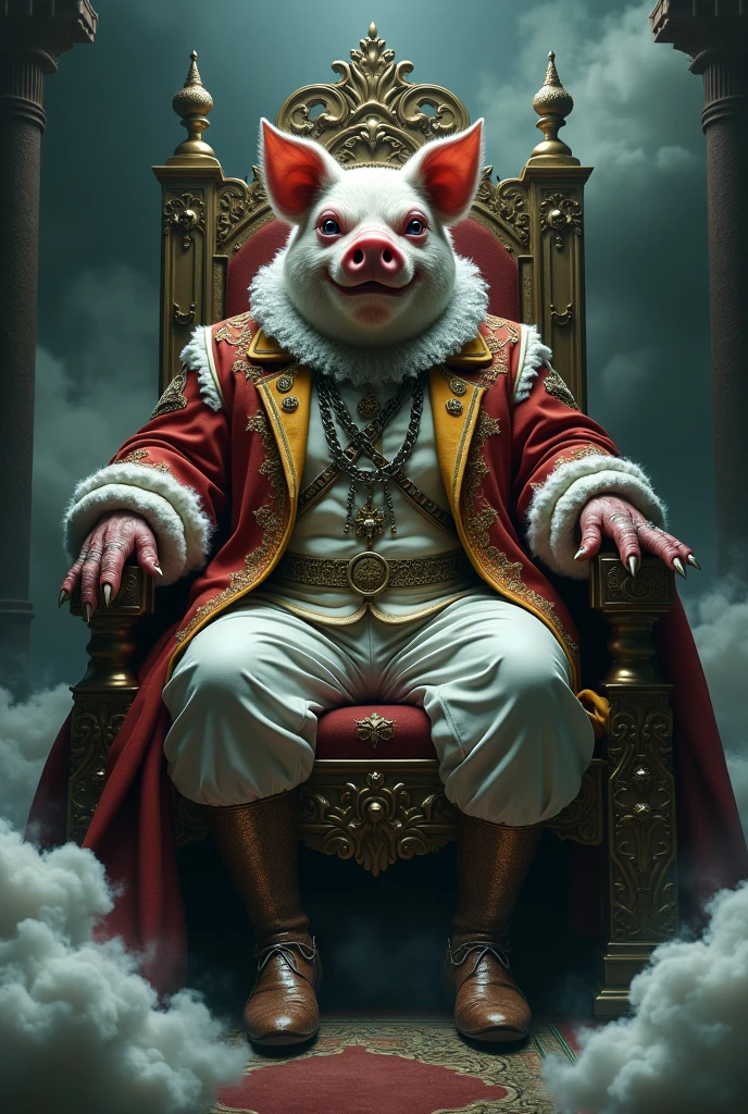 Pigsy monster，Dressed in classical costumes，Metal chain around neck，Dark，The scene is magnificent，Sit on the throne，Surrounded by clouds，mystery，realism