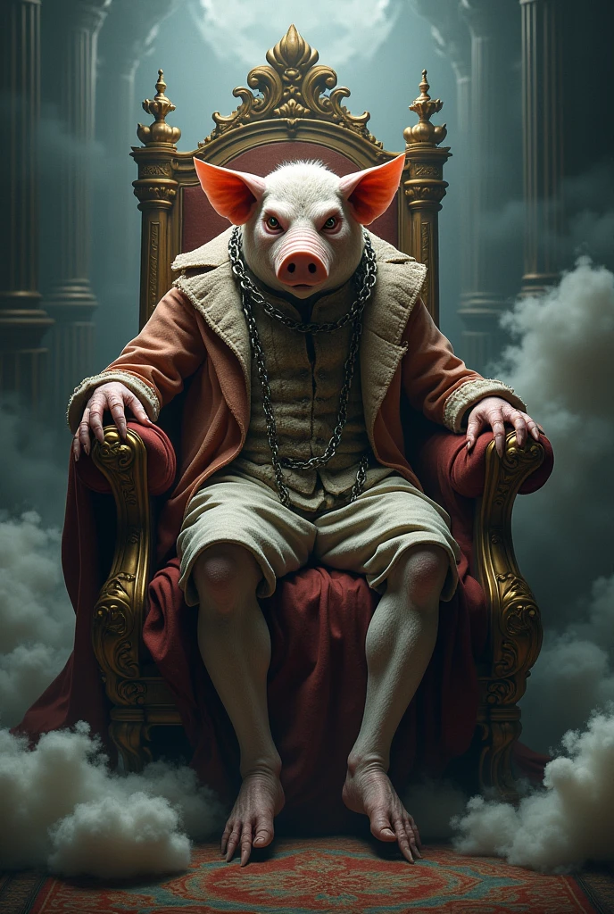 Pigsy monster,Dressed in classical costumes,Metal chain around neck,Dark,The scene is magnificent,Sit on the throne,Surrounded by clouds,mystery,realism