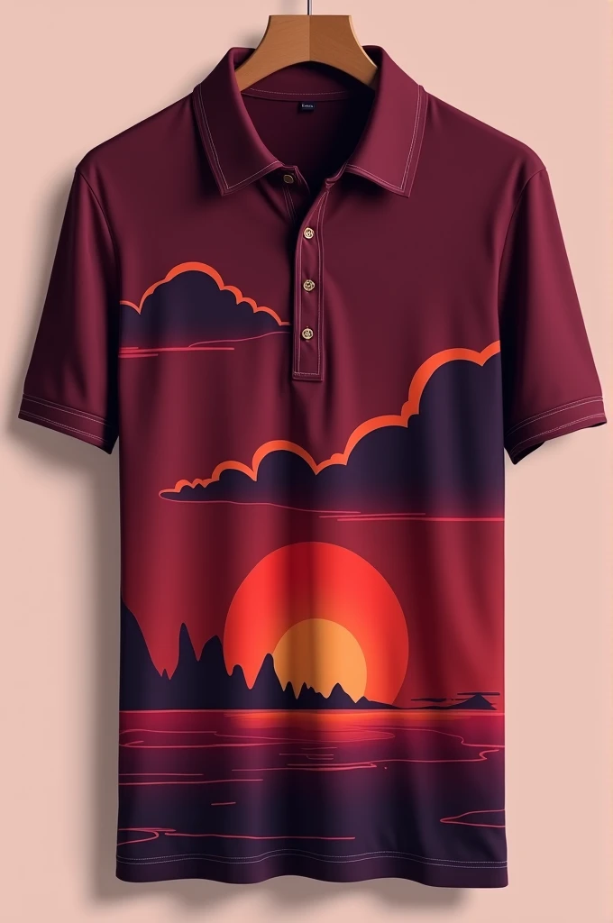 A purple wine-colored polo shirt, with silhouettes of a sun in the lower left corner, large and clouds in a lighter tone
