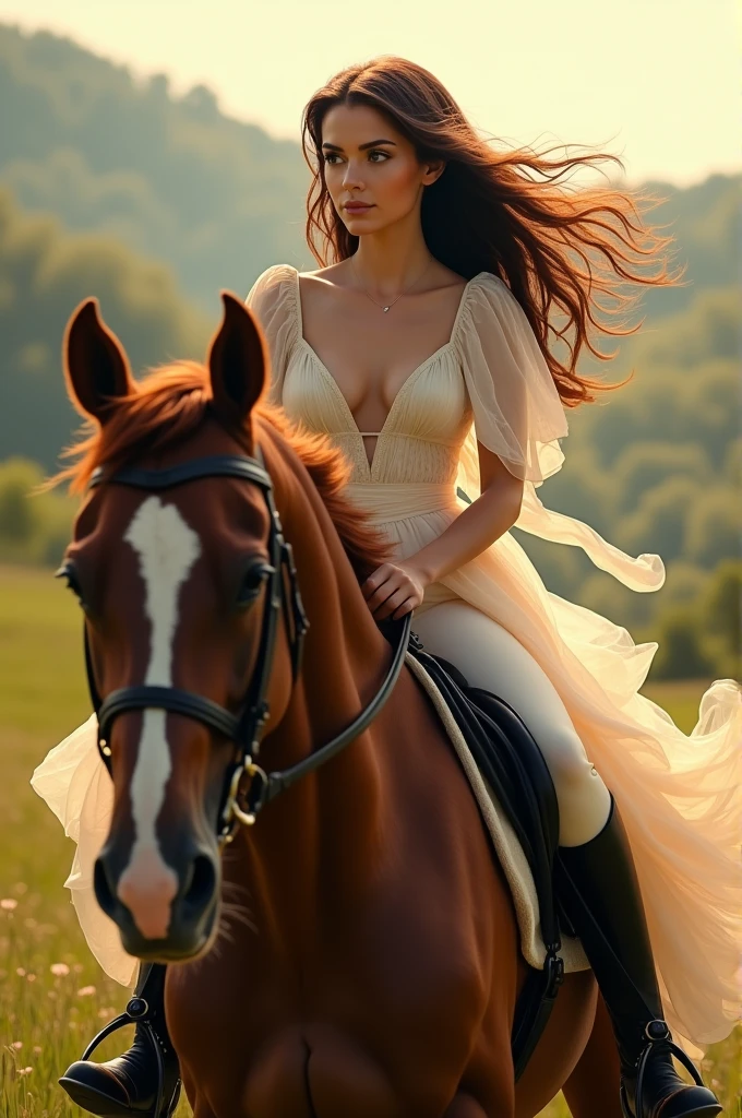 Beautiful brunette woman riding a horse