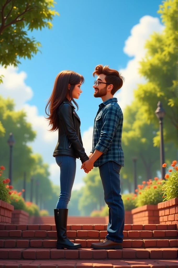 Image image Pixar with a couple in a park with the blue sky behind them some brick stairs the two of them looking into each other&#39;s eyes , the woman with black boxes black leather jacket and blue jean the man with blue plaid shirt jean and regular glasses , the couple holding hands 
