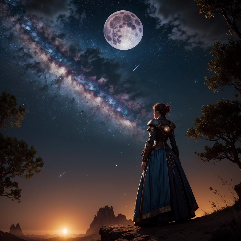 a girl standing in a vast desert landscape, looking up at the night sky with a full moon, shooting stars, and a distant nebula in the background. In the foreground, there is a tree break with a warm light source and fireflies, creating a dreamy, steampunk-inspired atmosphere. The scene is highly detailed, with intricate volumetric lighting, colorful details, and a dynamic composition. The overall tone is warm, with red and blue hues, creating a sense of solitude and wonder. (best quality, 4k, ultra-detailed, masterpiece, photorealistic, highly detailed, dynamic composition, warm light source, firefly, full moon, shooting star, nebula, distant mountain, tree break, volumetric lighting, red, blue, colorful details, glowing lighting, atmospheric lighting, dreamy, steampunk, alone)