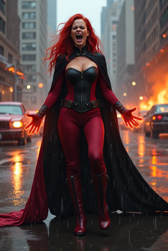 A beautiful female Scarlet Witch with long red hair wearing a burgundy jumpsuit combined with black cape burgundy boots and gloves black long boots up to her knees in a rainy apocalyptic city cars and buildings on fire magic in her hands black corset over her jumpsuit on her knees screaming exhausted after an extensive battle 