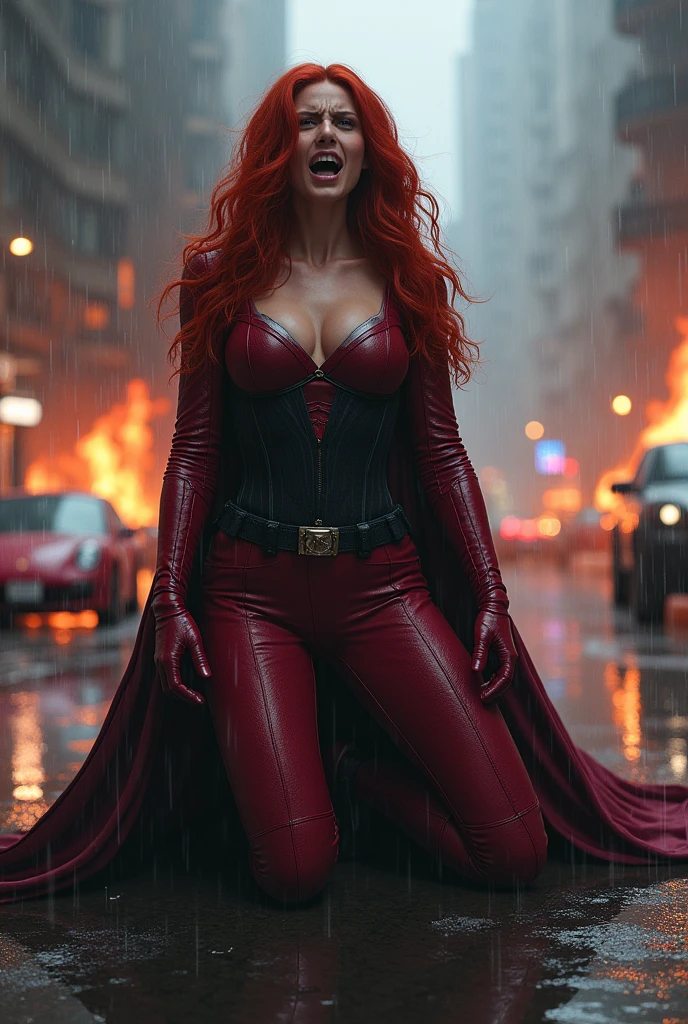 A beautiful female Scarlet Witch with long red hair wearing a burgundy jumpsuit combined with black cape burgundy boots and gloves black long boots up to her knees in a rainy apocalyptic city cars and buildings on fire magic in her hands black corset over her jumpsuit on her knees screaming exhausted after an extensive battle 