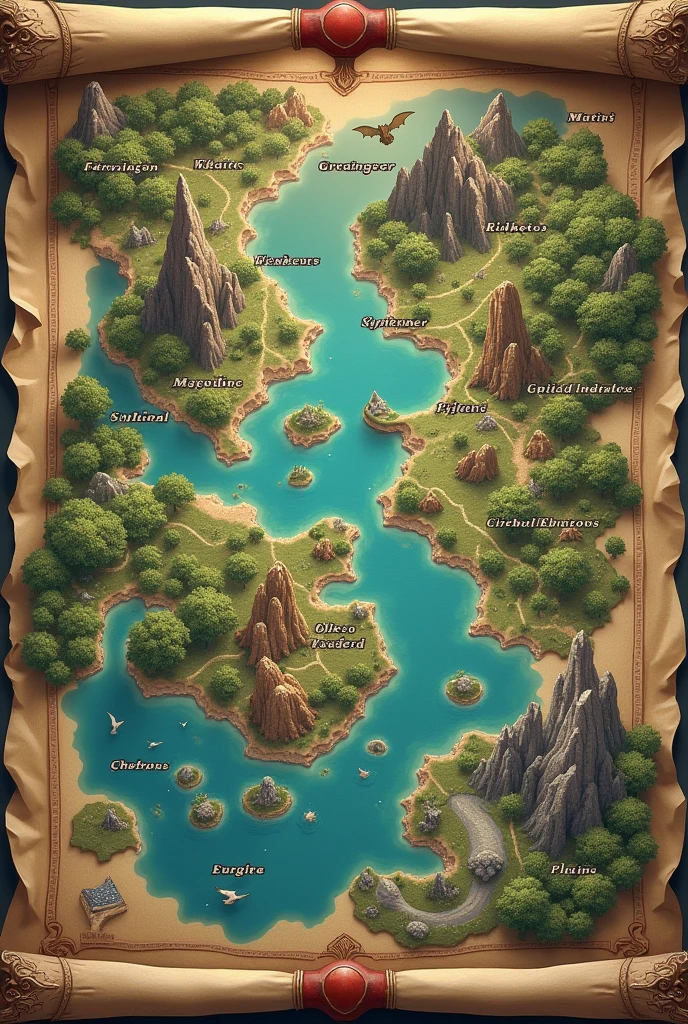 generate an illustration of a map of a fantasy world full of creatures. Here&#39;s an idea of how you could design it:

1. **lands**:
   - **Drakendor Mountains**: A steep and high mountain where dragons with iridescent scales live.
   - **Grimmar Woods**: A dark and dense forest, home of wraiths and other shadowy creatures.
   - **Sylphira River**: A magical river flowing through the woods, where aerial creatures like sylphs live.
   - **Eldoria Plains**: Vast plains with golden grass where herds of griffins run.
   - **The islands of Aether**: floating islands in the sky, home of celestial creatures.

2. **Icons**:
   - **Dragons in Drakendor**: Drawing dragons flying around the mountains.
   - **Wraiths than Grimms**: Eerie shadows moving through the trees.
   - **Sylphs in Sylphira**: Ethereal figures flying over the river.

3. **Map Style**:
   - **Antique scroll style**: Use earthy colors and decorative borders.
   - **ancient texts**: Place names should be in a font that evokes a sense of ancient history..
