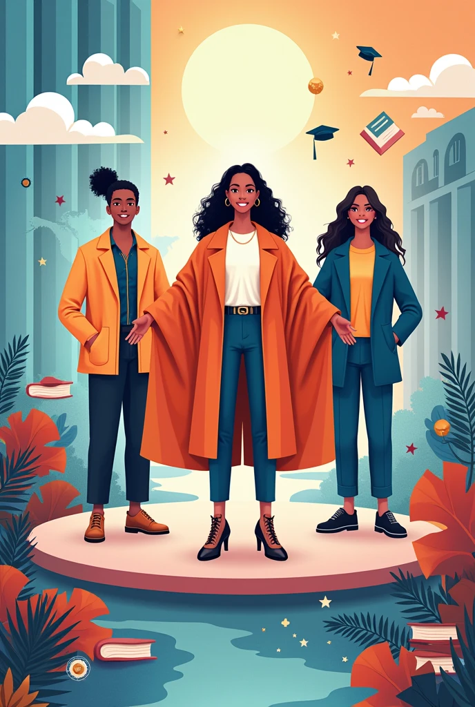 Poster Description:
Top: Illustrate the vision by drawing a large school building representing the university. Surround the building with symbols of leadership, like students in graduation caps holding certificates, and a globe to represent global competitiveness.
Middle: For the mission, draw students working together on garment designs. Show them using sewing machines, sketching outfits, and collaborating with bright ideas, represented by light bulbs or gears, symbolizing innovation.
Bottom: Illustrate the goals by drawing a diverse group of students proudly showing their finished garments on a stage, indicating success and the achievement of their learning goals. The background can have elements like books and a world map to signify education and global impact.
3 people only