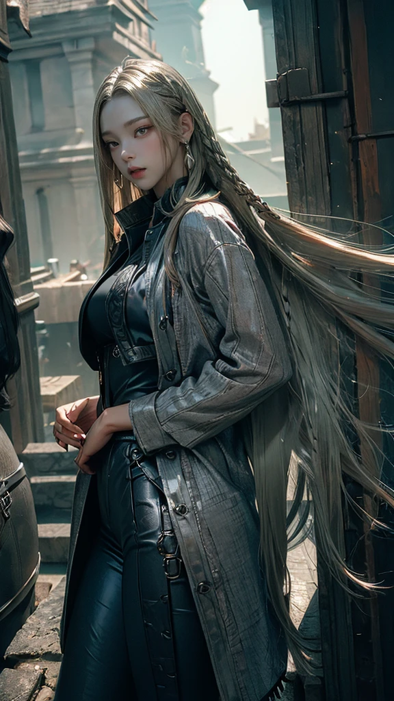 (long silver hair:1.5),Beautiful 25 year old Indian female vampire mercenary, brown skin, (Wearing a blue leather jacket and tight black pants.;1.3), Carrying a rifle, view from the front, waist shot, dynamic pose, Ambient lighting, photographic realism, Intricate facial details, Handcrafted details, very detailed, vivid colors, cinematic, high resolution, Popular styles Raw on Artstation