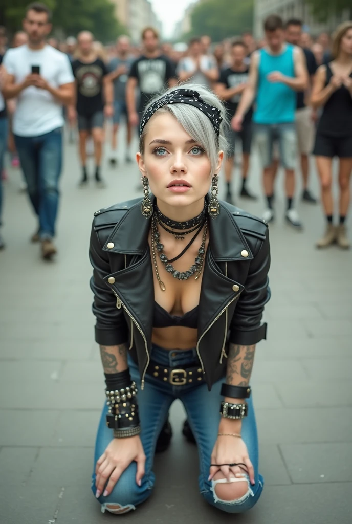 russian  woman, grey hair (straight, middle part) and bandana as headband, with very light blue eyes, extremely pale. Wearing cropped black moto jacket with lots of zippers and pins, black push up bra, dark skinny blue jeans with worn knees and pointy black Chelsea boots with cuban heels  . Chokers. Lots of bracelets and collars. Tacky wide studded eather belt with oversized skull and bones buckle. Long boho earrings. Kneeling like in a payer, a little bent, looking up, eyes and mouth wide open in amazement. Hands on her knees. Listening in amazement to somebody speaking to her, toned six pack abdominals, thin legs and thin arms. A lot of people around looking at her