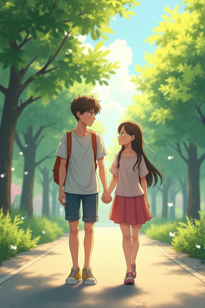 A 17 year anime boy and a 15 year anime girl is walking in road and the girl is smiling and the boy is seeing the girls smile