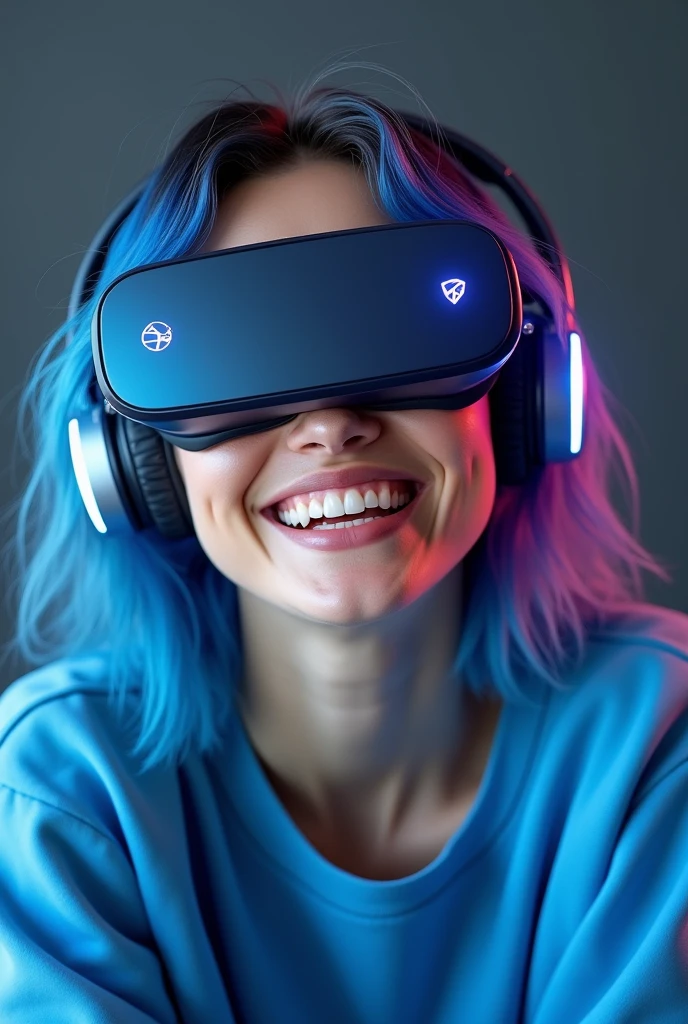 A stunning young woman with blue and purple hair smiles happily. She wears virtual reality glasses and muffler headphones., while wearing a comfortable blue men&#39;s sweatshirt, Her radiant smile and matching accessories create a relaxed and modern atmosphere.