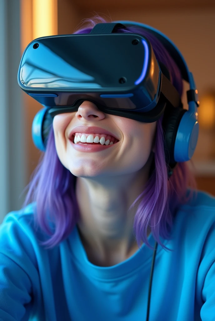 A stunning young woman with blue and purple hair smiles happily. She wears virtual reality glasses and muffler headphones., while wearing a comfortable blue men's sweatshirt, Her radiant smile and matching accessories create a relaxed and modern atmosphere.