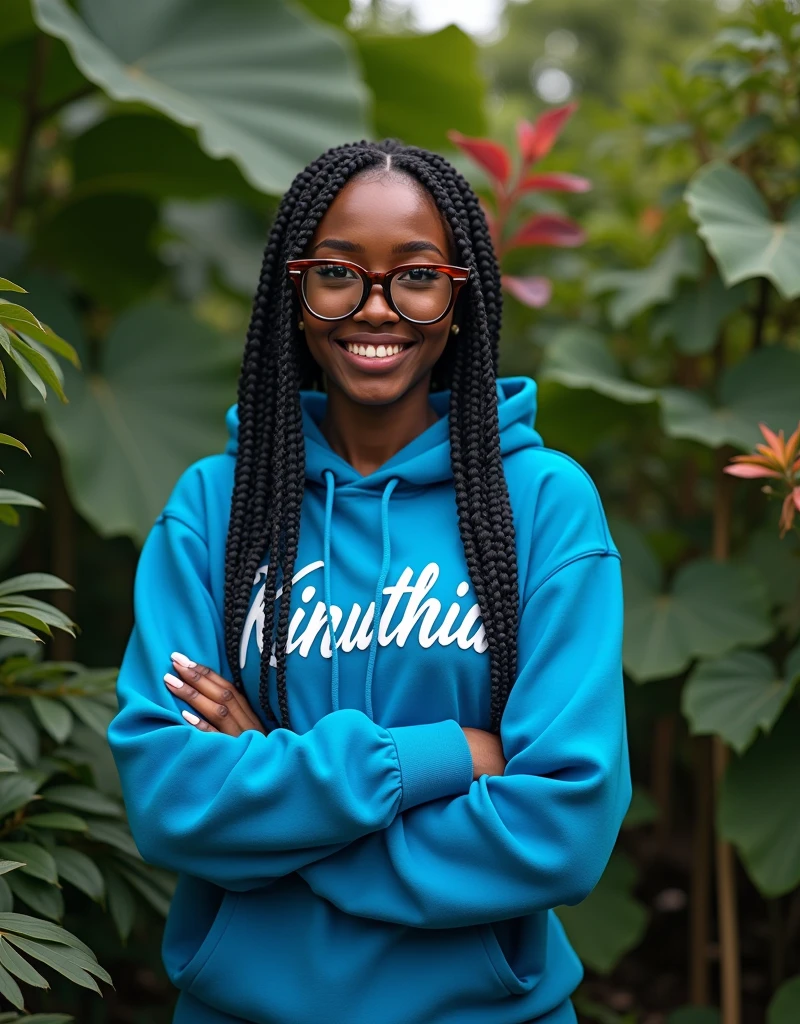 (photorealism:1.2), beautiful black African woman,22 years,sharp boobs, smiling wearing a fitting blue hoodie written "Kinuthia",long braids, black  oversized photo chromatic glasses, standing , plants in background cardi B inspiration 