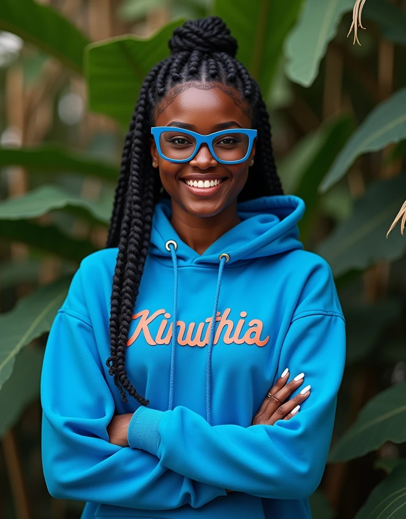 (photorealism:1.2), beautiful black African woman,22 years,sharp boobs, smiling wearing a fitting blue hoodie written "Kinuthia",long braids, black oversized photo chromatic glasses, standing , plants in background cardi B inspiration