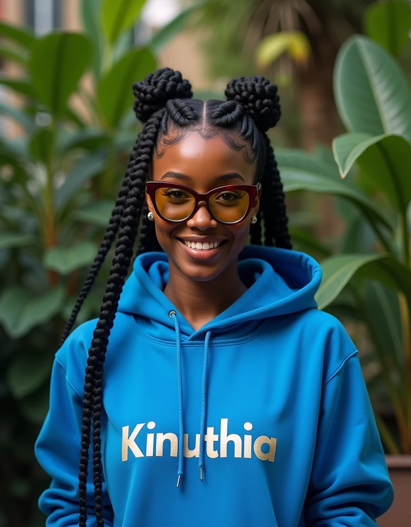 (photorealism:1.2), beautiful black African woman,22 years,sharp boobs, smiling wearing a fitting blue hoodie written "Kinuthia",long braids, black  oversized photo chromatic glasses, standing , plants in background cardi B inspiration 