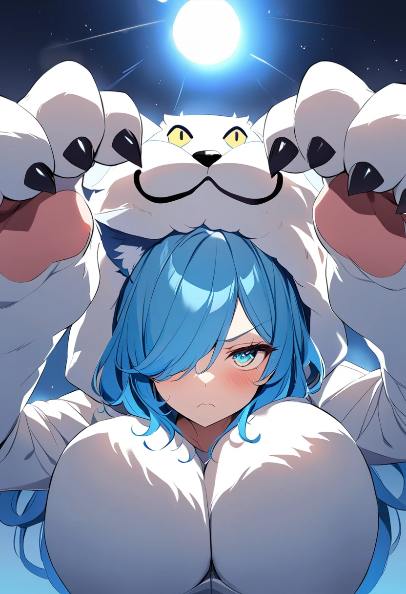 ((best quality, high-quality)), In anime style, ((Wolf Kemomimi Girl)), Solo, ((Big breasts)), ((Mizuiro Hair Berry Berry Short,Blue inner color)), (((Hair over one eye))), (((Yellow and Blue Odd-Eye:1.5))), plump shiny lips, Beautiful clear eyes, Spoken Heart,(((Fluffy, Big Hand Wolf Costume:1.5))), embarrassed, (dynamicposes:1.4), (((Show me your paws, Gao's Pose:1.5))), (Suspicious light, rays of moonlight:1.4), (Moon and castle background), (Blue Full Moon:1.2), Fantasy Worldwide, high-angle shot, masutepiece,Best Quality,ultra-detailliert, masterpiece,