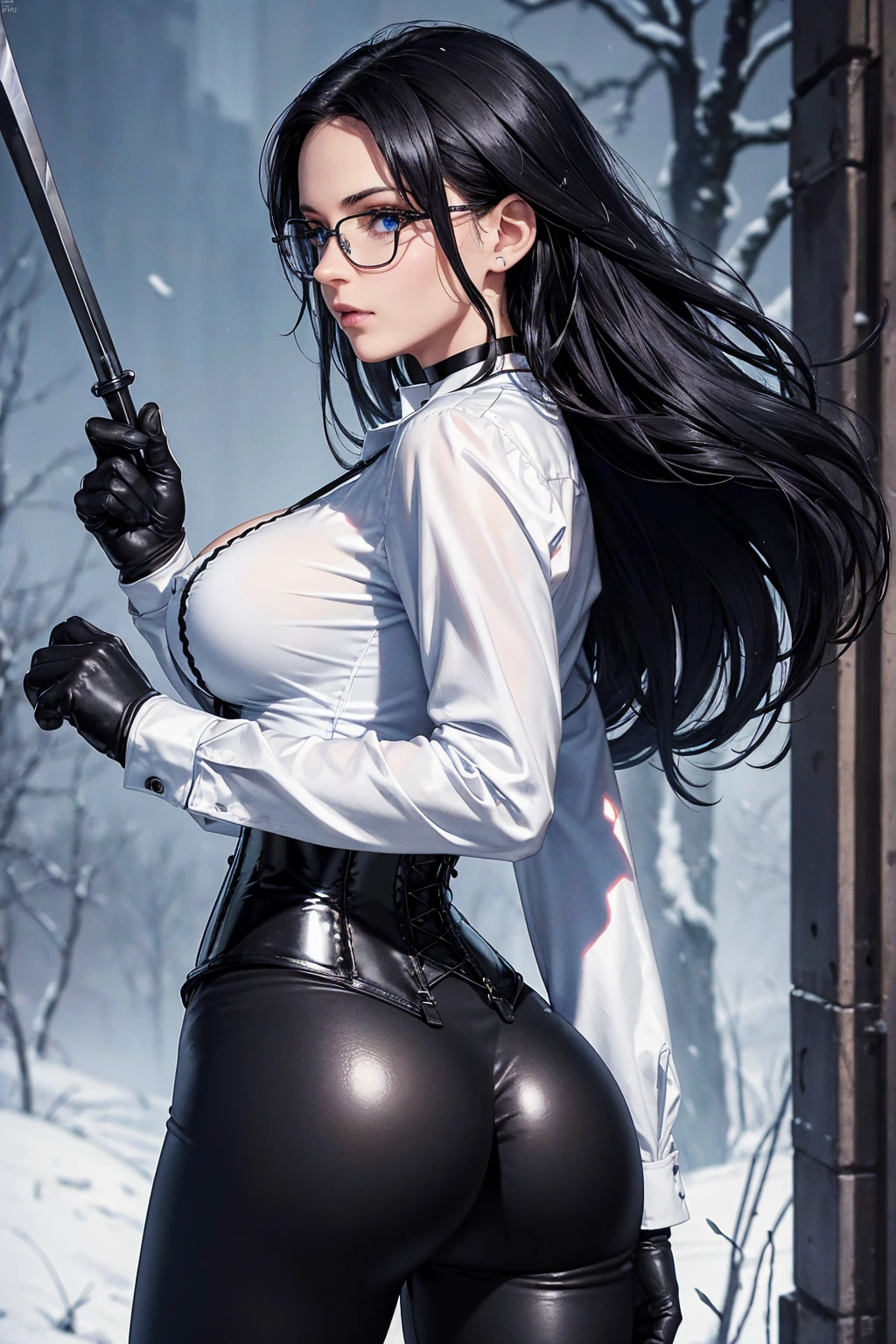 masterpiece, Superior image quality, High resolution, 4k image,photo and gross, photorealistic, whole body, 1 woman, mature woman, standing, big breasts, beautiful face, Long wavy black hair, blue eyes, very detailed eyes, serious expression, Glasses, choker:1.6, (white long sleeve button down shirt with white collar), black gloves, gloves that cover hands, holding a spear in his hand, (black leather corset), (shiny black leggings), Sensual Lips, show details in the eyes, view from behind, perfect ass, Dark forest, fog, at night