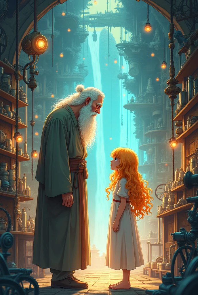 The story continues where the white-bearded man meets the girl with golden curls in an anime-type dream workshop.