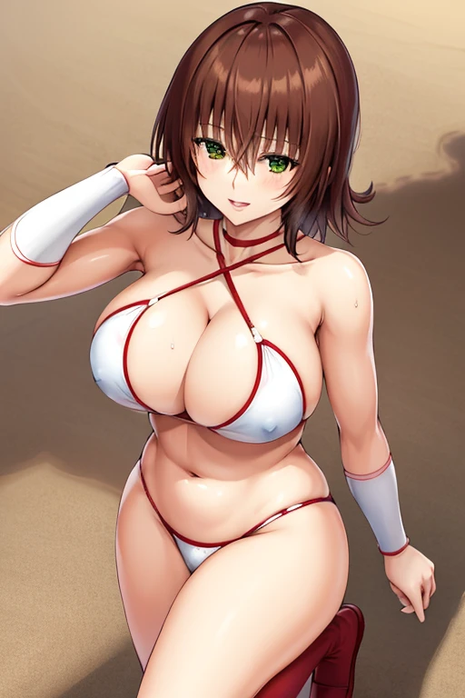 masterpiece, best quality, beautiful art, high resolution, well formed hands, body and fingers, 1 woman, solo, Ryouko Mikado, 31 years old, full body picture, grown up, adult, large and big breasted, cleavage, hair ornament, wearing a Tyris Flare outfit , white_bikini, full body, sexy and skimpy bikini, gorgeous hips, legs and thighs bouncing breasts, red boots, dancing seductively and erotically, twirling around, bikini thong, shaking her body alluringly, smiling joyfully, looking at the viewer, sweating , flirting, beach environment 