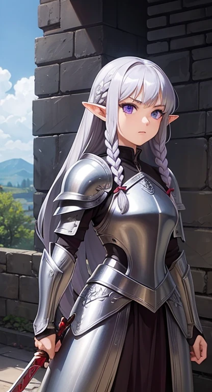 masterpiece, best quality, solo, warrior, braids, purple eyes, silver hair, elf, armor, sword,