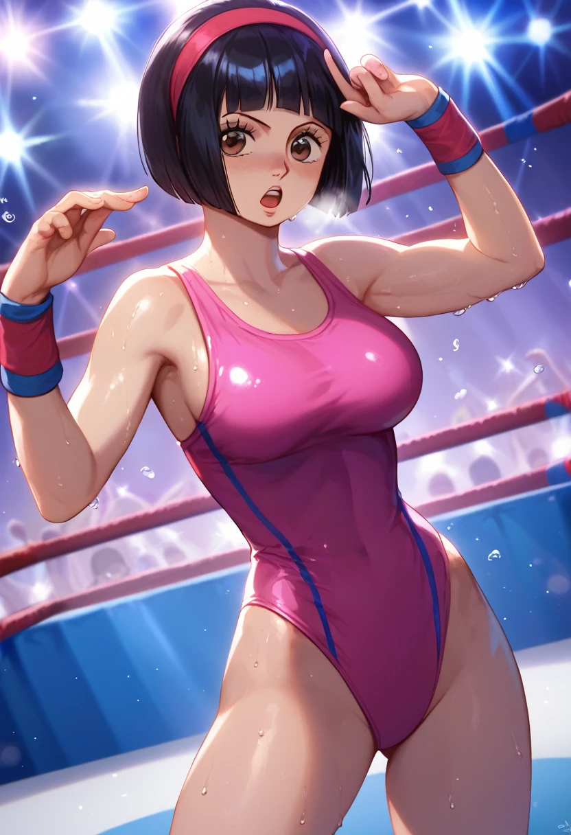 score_9,score_8_Excellent,score_7_Excellent,masterpiece,Highest quality, Source Anime, Realistic, sExcellenter detailed, Very detailed, evaluation_safety,
One person, wrestling, Fighting Pose,
Break Girl, , short hair, Bobcut,hair band, (Blunt bangs), Black Hair, (puppet, small and cute brown eyes), Curled eyelashes, (Large Breasts:0.9),
Shiny Hair, Beautiful attention to detail, Beautiful Face,The body is slim,
(Cute pink one piece swimsuit,Wristband, wrestlingブーツ:1.2), Sweat,
blush, strict, Open your mouth, Heavy breathing, 
stage, wrestling stage, crowd, illumination, Shadow,