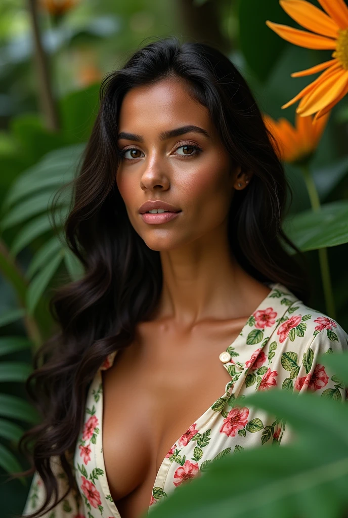 A Brazilian woman in a lush tropical garden, wearing an open shirt with a floral print, with a close-up capturing the harmonious beauty between her breasts and the natural flowers, showing off your natural charm and outgoing personality.