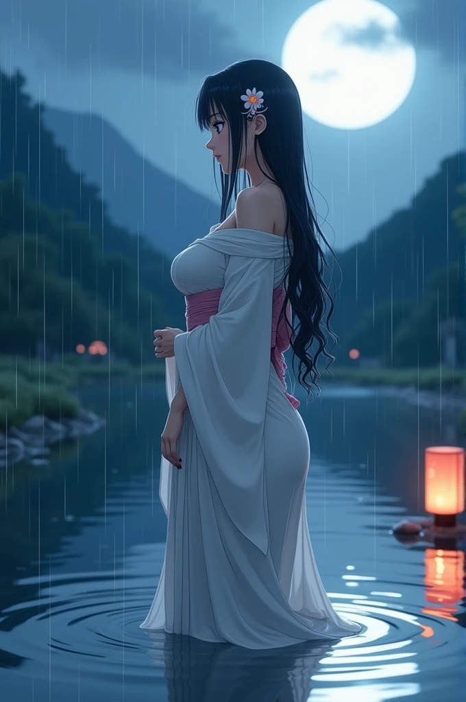Sakura and naruto, breasts, moon, lantern, night, solo, large breasts, hair ornament, wet, kimono, japanese clothes, wading, water, hair flower, flower, outdoors, sky, full moon, rain, black hair, off shoulder, mountain, cloud, holding, sash, bare shoulders, paper lantern, standing, white kimono, night sky, sideboob, obi, wet clothes, bangs, tree, from side, reflection, short hair, cloudy sky, wet hair (((masterpiece),(extremely detailed CG unity 8k wallpaper),best quality,,solo,1girl,cinematic lighting,detailed background,beautiful detailed eyes,bright pupils, (an extremely delicate and beautiful),(Beautiful and detailed eye description), ultra-detailed,masterpiece,)),