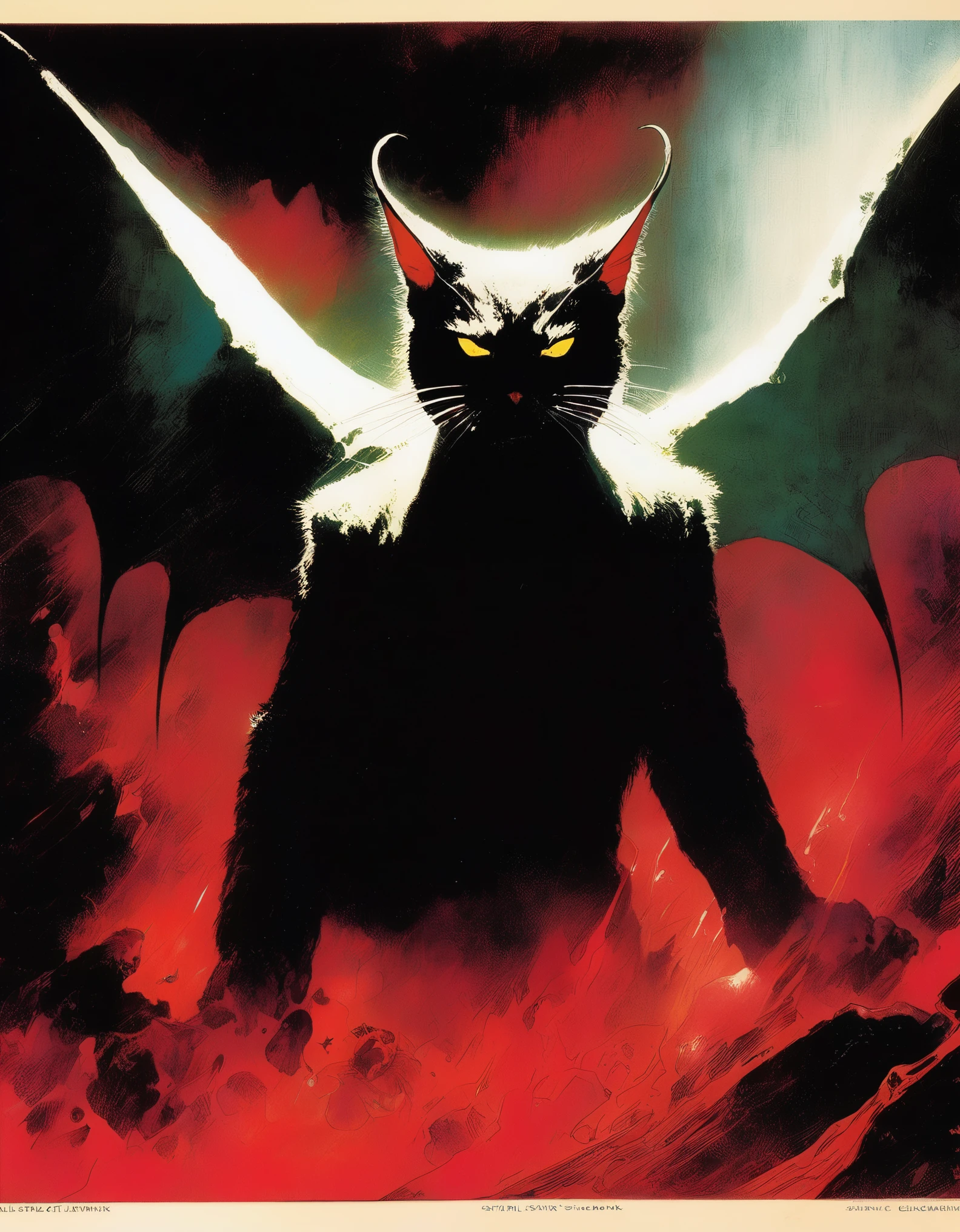 Satan Cat (Bill Sienkiewicz's artistic inspiration). painting,(thick texture oil paint:1.8),Glowing inverted cross pendant,