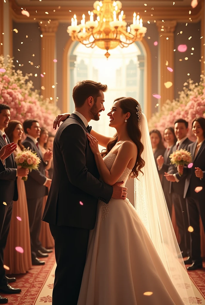 Wedding hall,Bride and groom,Happy smile,Bouquet Toss,Confetti,A friend congratulating,
