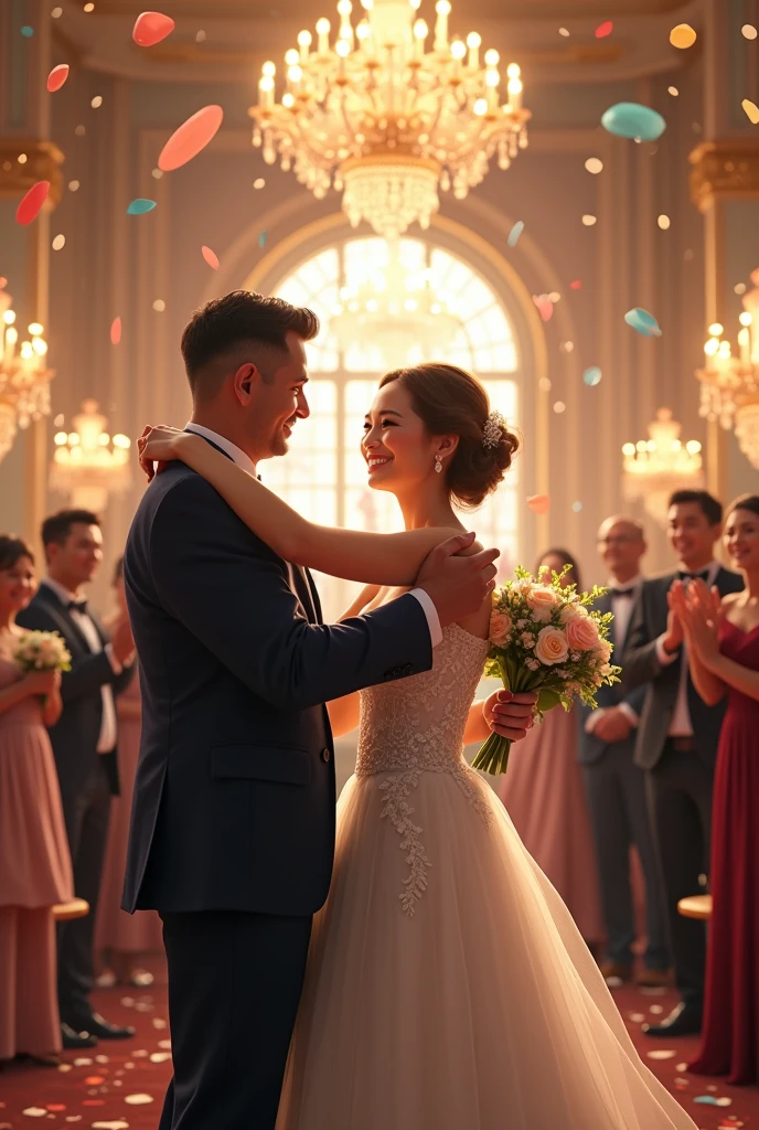 Wedding hall,Bride and groom,Happy smile,Bouquet Toss,Confetti,A friend congratulating,