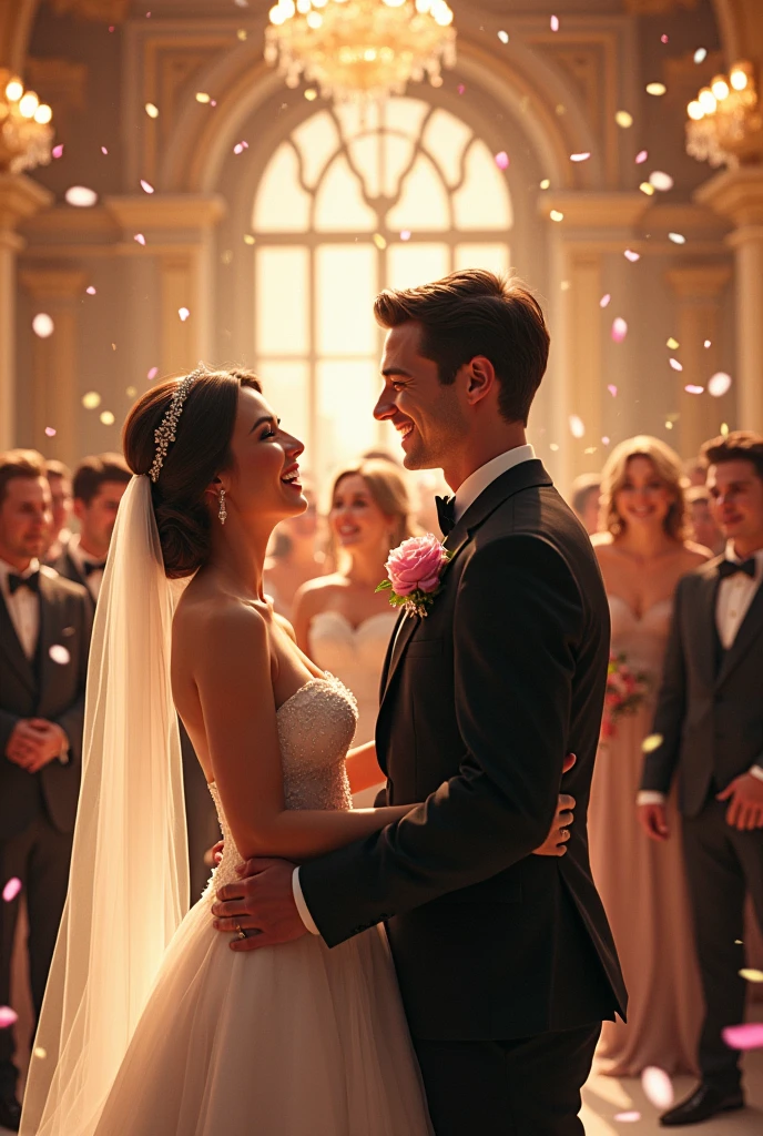 Wedding hall,Bride and groom,Happy smile,Bouquet Toss,Confetti,A friend congratulating,