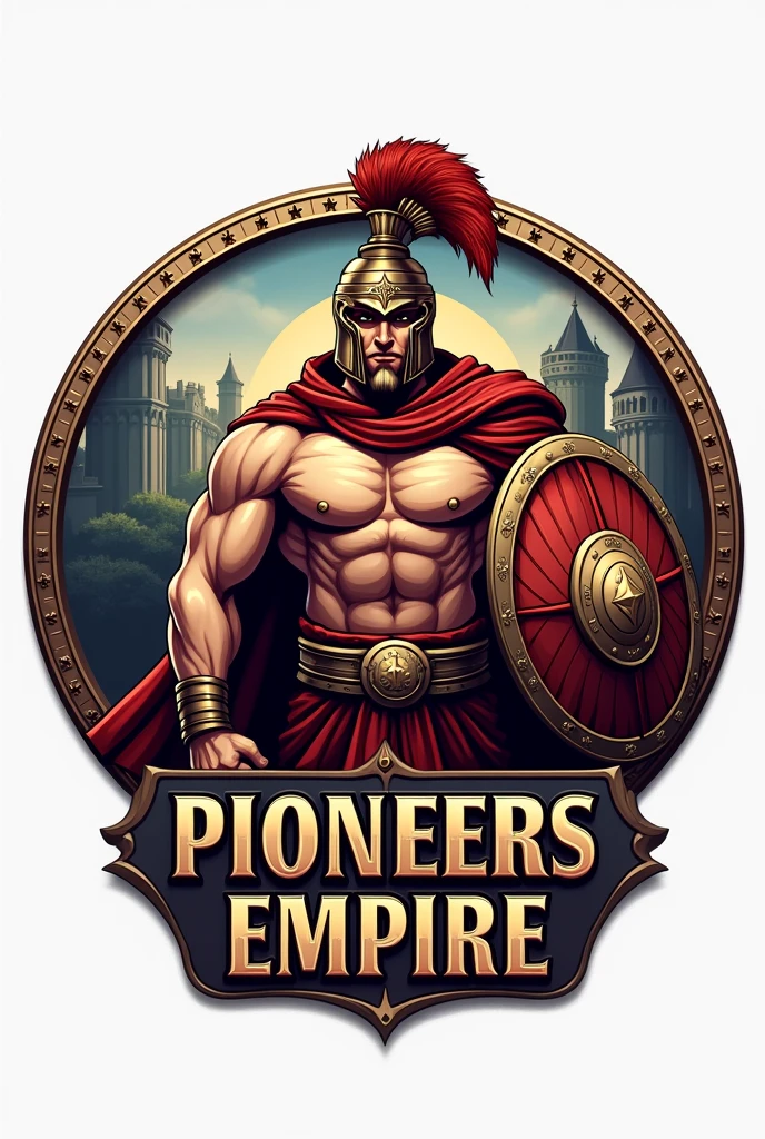 Create logo 3d cyrcle empire castle gladiator holding shield with name write front "Pioneers Empire Kaagapay Eagles Club"