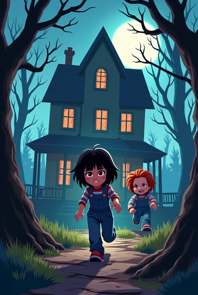 Roblox style drawing in a haunted house and a girl running with black hair escaping from Chucky Roblox style