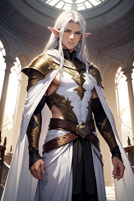 Create a detailed and realistic fantasy-style image of Roithael Glavariel de Arathel, a young hybrid warrior-prince with a mix of human and elven traits. He has long, flowing silver hair that shines in the light, and striking violet eyes. His ears are slightly pointed but more rounded compared to typical elven ears, signifying his mixed heritage. His skin has a golden hue, subtly glowing, indicating his connection to elemental magic. He stands tall and lean with a well-toned physique, exuding both strength and grace.Roithael is dressed in a finely crafted mithril armor that is both protective and elegant, with intricate designs that reflect his noble status. Over the armor, he wears a white cloak that billows slightly as if caught by a gentle breeze, symbolizing his mastery of astral magic. Around his waist, he carries a finely forged double-edged sword with an elven design, inscribed with glowing magical runes.The background should be a lush, enchanted forest, with elements that blend both human and elven architecture, reflecting Roithael's dual heritage. The atmosphere should convey a sense of mystical energy and ancient magic.