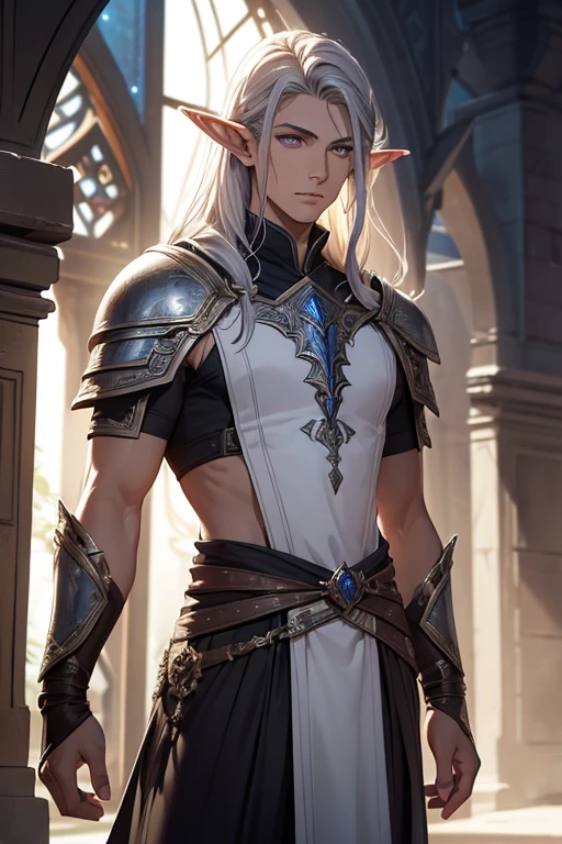 Create a detailed and realistic fantasy-style image of Roithael Glavariel de Arathel, a young hybrid warrior-prince with a mix of human and elven traits. He has long, flowing silver hair that shines in the light, and striking violet eyes. His ears are slightly pointed but more rounded compared to typical elven ears, signifying his mixed heritage. His skin has a golden hue, subtly glowing, indicating his connection to elemental magic. He stands tall and lean with a well-toned physique, exuding both strength and grace.Roithael is dressed in a finely crafted mithril armor that is both protective and elegant, with intricate designs that reflect his noble status. Over the armor, he wears a white cloak that billows slightly as if caught by a gentle breeze, symbolizing his mastery of astral magic. Around his waist, he carries a finely forged double-edged sword with an elven design, inscribed with glowing magical runes.The background should be a lush, enchanted forest, with elements that blend both human and elven architecture, reflecting Roithael's dual heritage. The atmosphere should convey a sense of mystical energy and ancient magic.