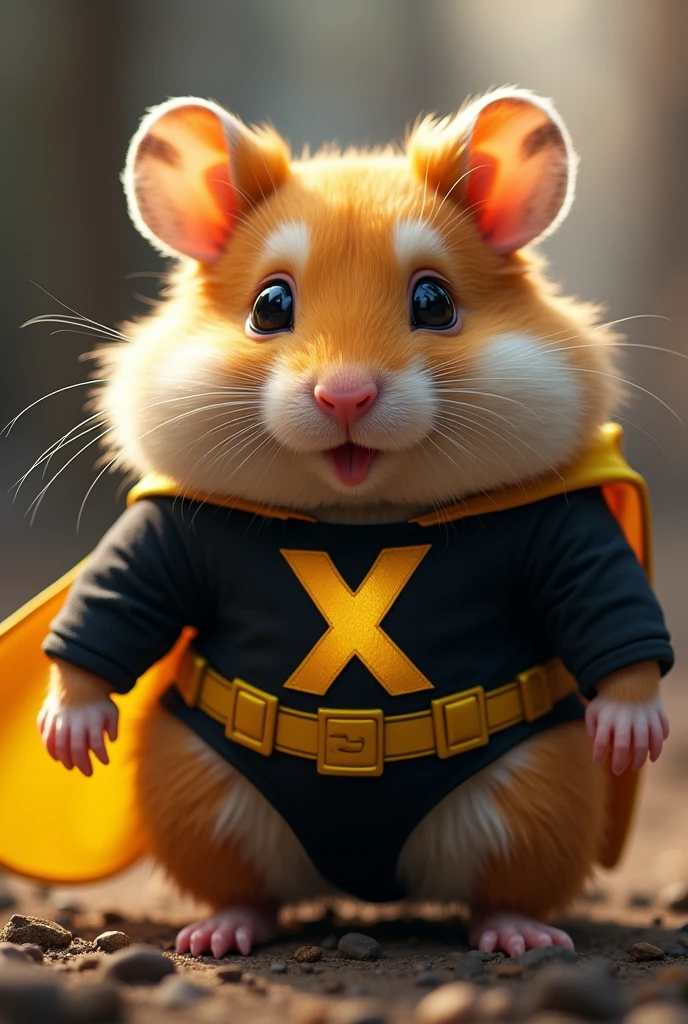 a hamster wearing an black yellow costume 'x' logo on body, hero (best quality,4k,8k,highres,masterpiece:1.2),ultra real-detailed,(realistic,photorealistic,photo-realistic:1.37),hyperrealistic,highly detailed fur,detailed eyes and face,looking at camera,adorable,cute,fluffy,soft,studio lighting,professional photography,dynamic bombing background.