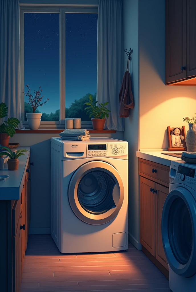 Drum type washing machine night A house where a couple lives
Illustrated style