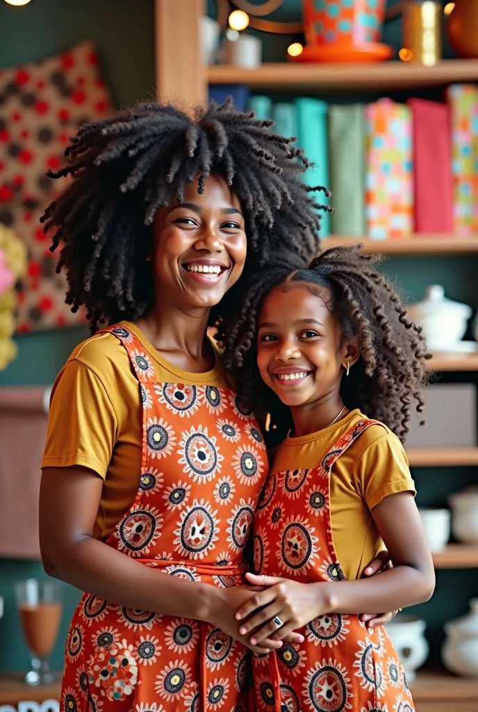 a mother and daughter dressed in matching clothes and matching prints at the mamuska store happily
