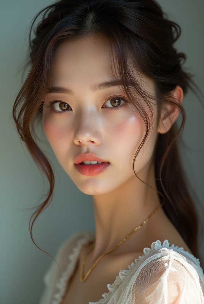 White woman with brown eyes, thin straight hair and very beautiful