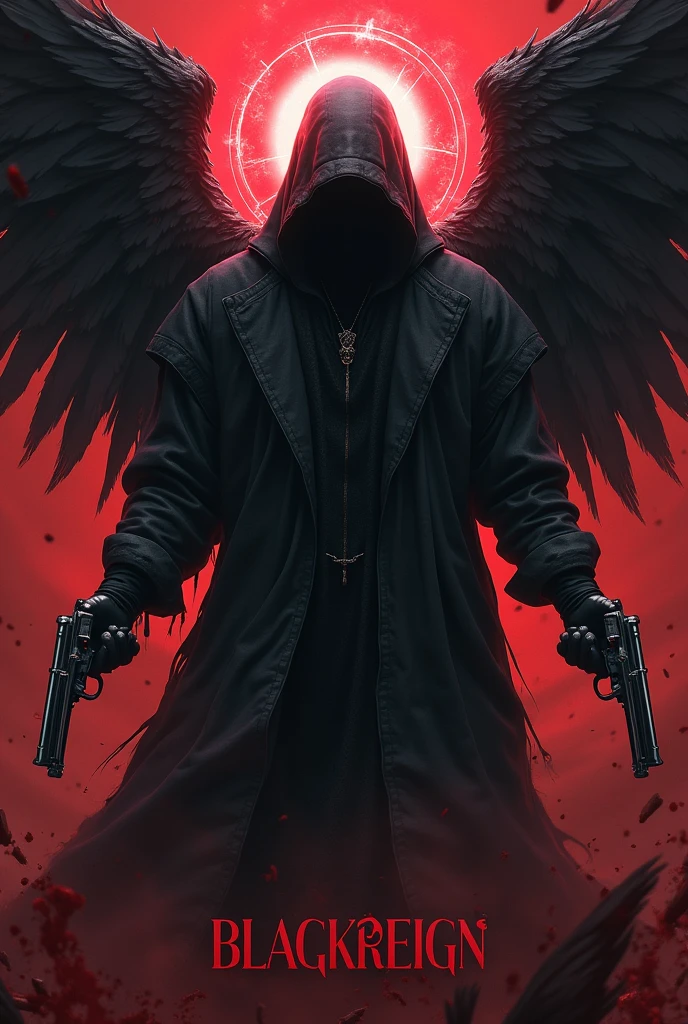 Black hooded man, mysterious, red eyes, bloody angel halo above head, black angel wings, bloody background, holding two pistols, word “Black Reign” in large text below it, hyper realism, logo