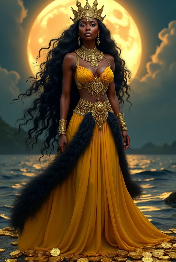 african woman, yellow and gold dress, queen of the rivers, gold coins, long wavy black fur , full moon, necklaces. jewelry, fertility , wind