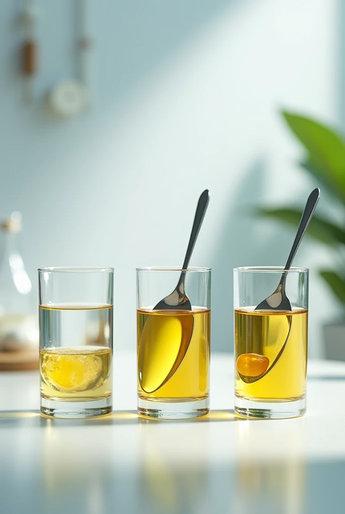 Design the Image:
Step 1: Shows three glasses with a small amount of vegetable oil.
Step 2: Clearly indicate on the first glass that water will be added., In the second glass, alcohol, and the third glass will be the control with only oil.
Step 3: Illustrate the mixing process with a spoon in each glass.
Step 4: Represents the observations:
For the glass of water: Oil floats on water, forming two distinct layers.
For the glass with alcohol: It shows a homogeneous mixture.
For the glass with only oil: Shows the oil unchanged.
BUT NATURAL