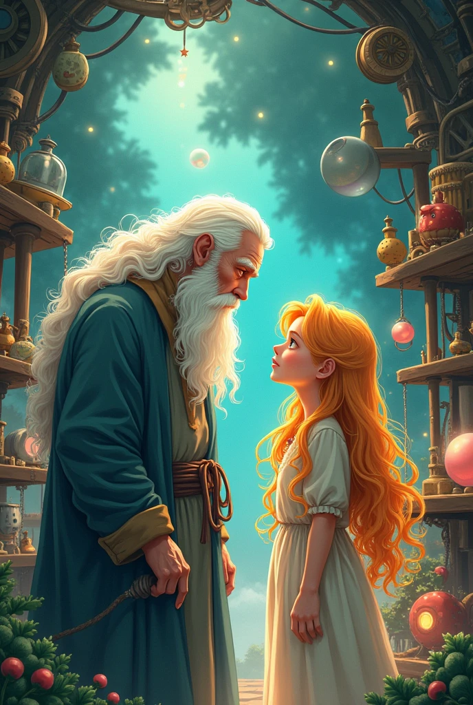 The story continues where the white-bearded man meets the girl with golden curls in an anime-type dream workshop.