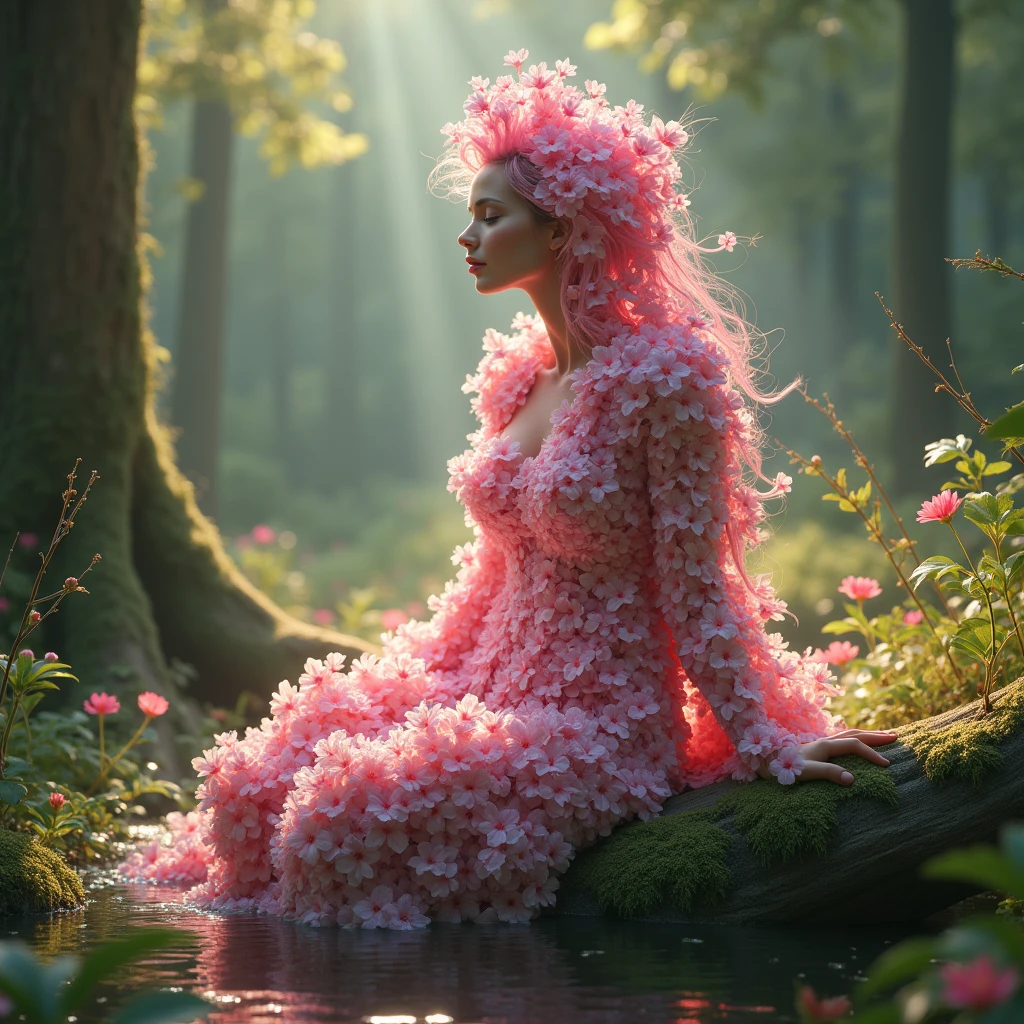 (canon 50) high resolution, intenseglare, 8k, a one woman. Her skin is made of pink flowers all over her body. She is sitting on a slimy log. The scene is a forest with spaced trees, that shines beams of sunlight on her skin and the grass on the ground. She looks up at the sky with half-closed eyes., as if you were feeling the sun's rays touching your skin. your hair is the color of your skin, your skin is pink