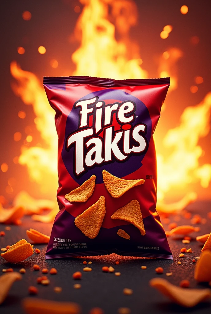 Fire takis advertisement with a red-purple background and an explosion effect and on top of it the bag of fire takis chips